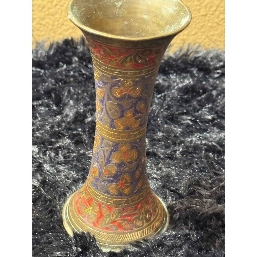 Handcrafted Brass Vase With Intricate Floral Design & Red/Blue Accents